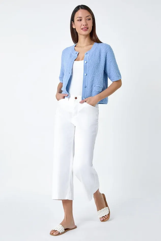 Women Light Blue Fringe Detail Sparkle Button Cotton Cardigan Roman Knitwear
