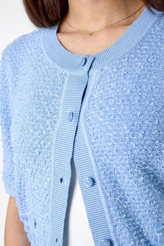Women Light Blue Fringe Detail Sparkle Button Cotton Cardigan Roman Knitwear
