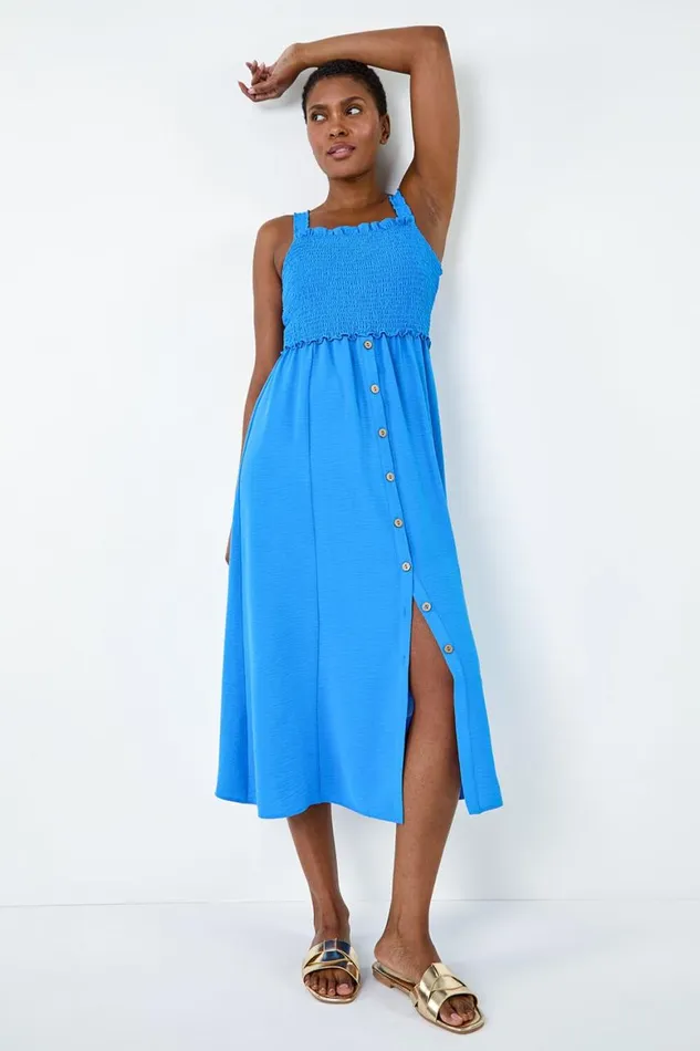 Women Light Blue Plain Shirred Button Detail Midi Dress Roman Dresses