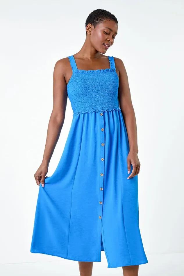 Women Light Blue Plain Shirred Button Detail Midi Dress Roman Dresses