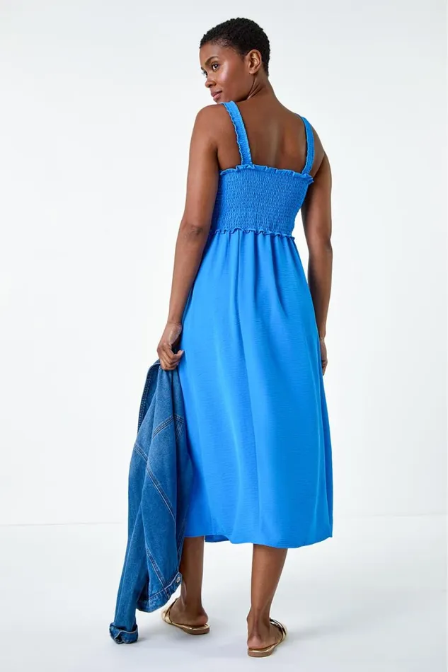 Women Light Blue Plain Shirred Button Detail Midi Dress Roman Dresses