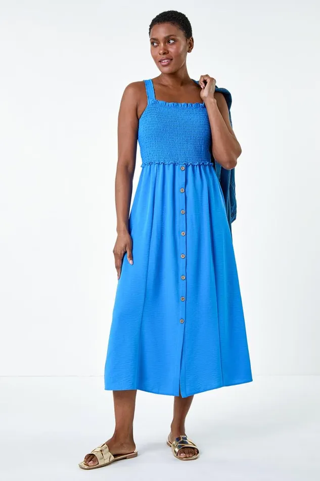 Women Light Blue Plain Shirred Button Detail Midi Dress Roman Dresses