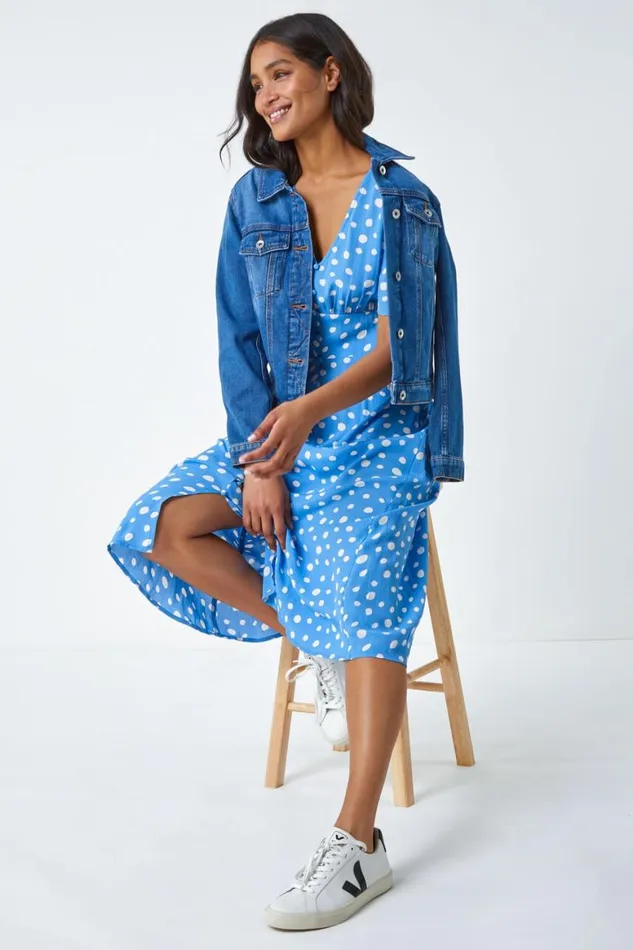 Women Light Blue Polka Dot Ruched Sleeve Midi Dress Roman Dresses