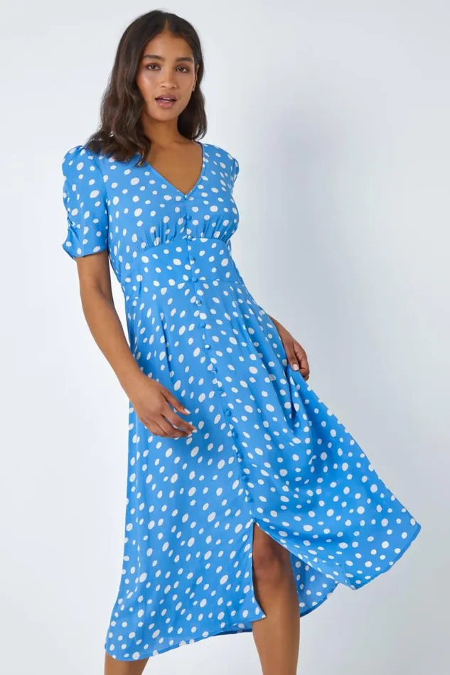Women Light Blue Polka Dot Ruched Sleeve Midi Dress Roman Dresses