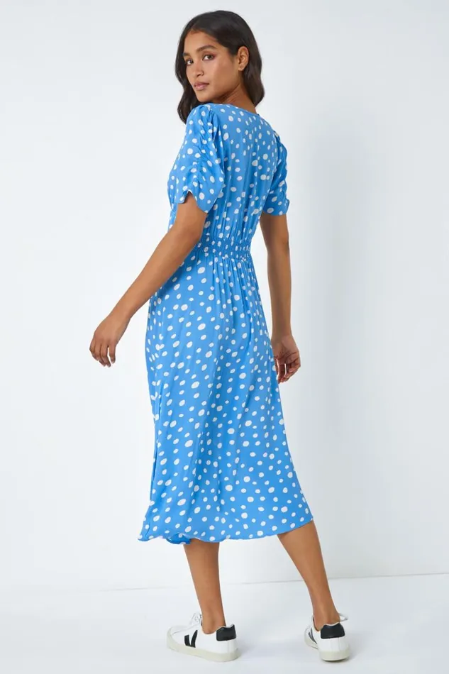 Women Light Blue Polka Dot Ruched Sleeve Midi Dress Roman Dresses