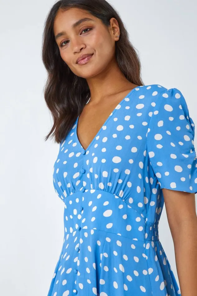 Women Light Blue Polka Dot Ruched Sleeve Midi Dress Roman Dresses