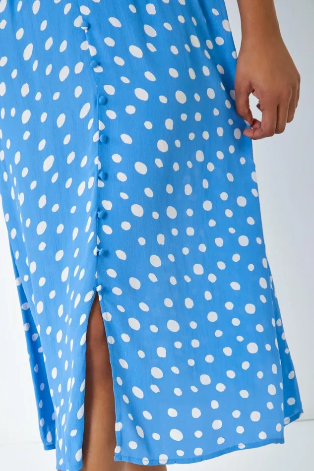 Women Light Blue Polka Dot Ruched Sleeve Midi Dress Roman Dresses