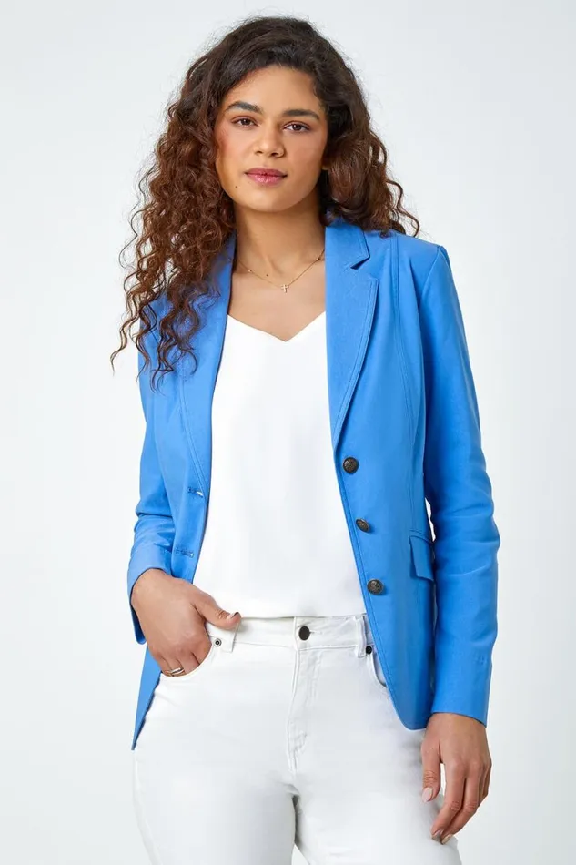 Women Light Denim Button Detail Stretch Blazer Roman Jackets