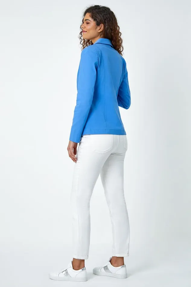 Women Light Denim Button Detail Stretch Blazer Roman Jackets