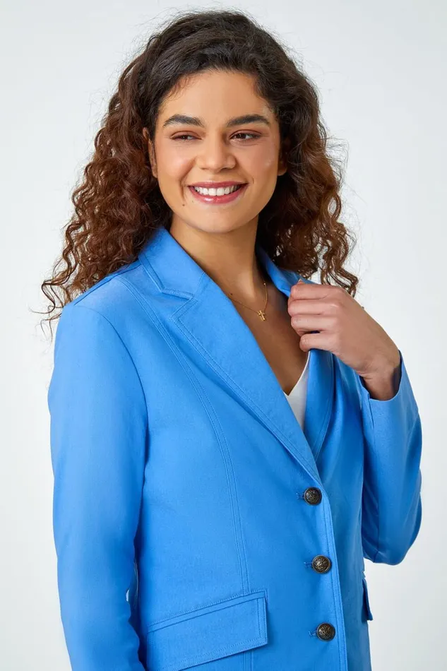 Women Light Denim Button Detail Stretch Blazer Roman Jackets