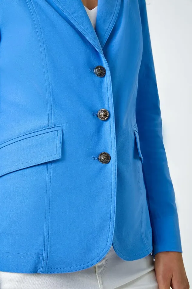 Women Light Denim Button Detail Stretch Blazer Roman Jackets