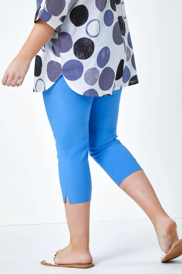 Women Light Denim Curve Elastic Waist Stretch Cropped Trouser Roman Trousers