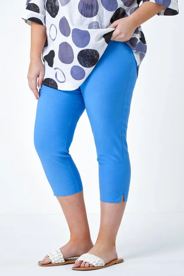 Women Light Denim Curve Elastic Waist Stretch Cropped Trouser Roman Trousers