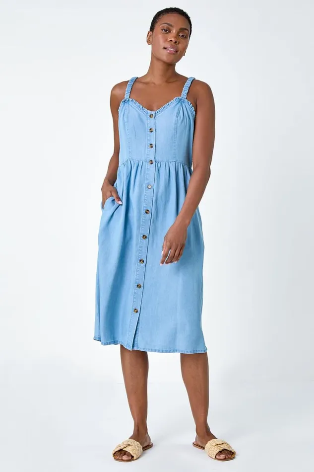 Women Light Denim Denim Frill Button Through Midi Dress Roman Dresses