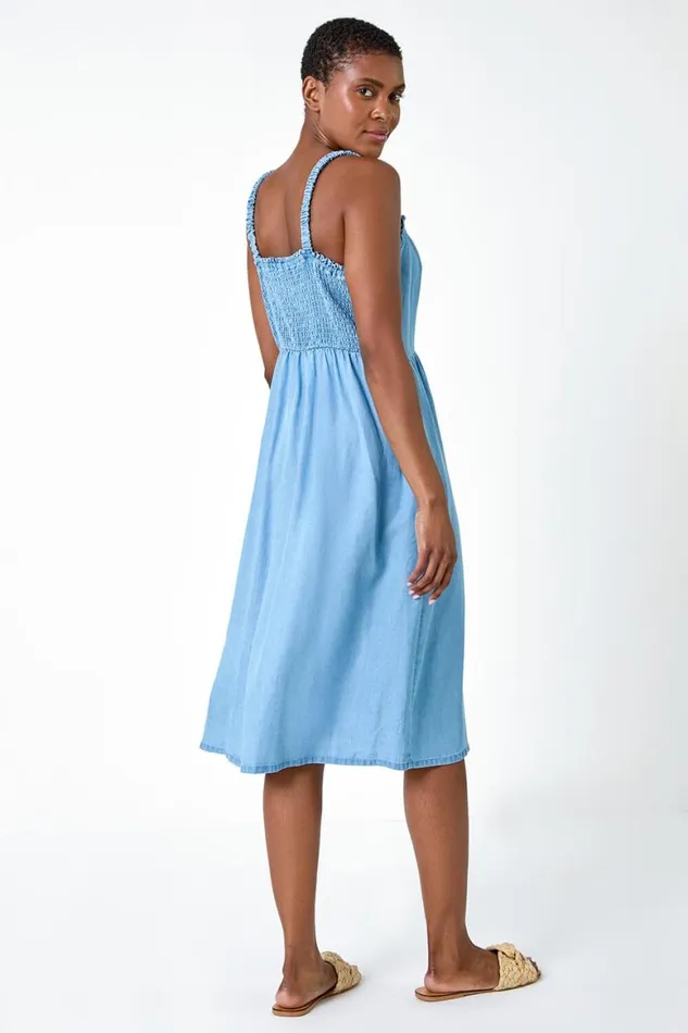 Women Light Denim Denim Frill Button Through Midi Dress Roman Dresses
