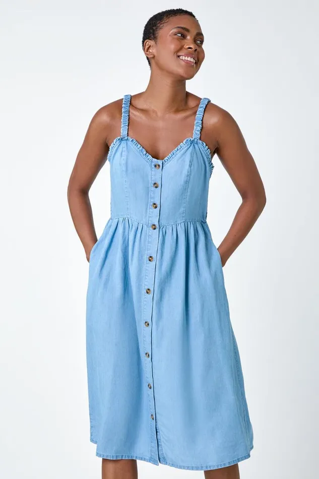 Women Light Denim Denim Frill Button Through Midi Dress Roman Dresses