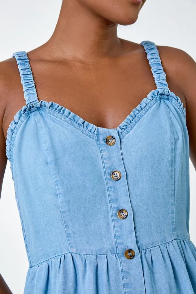 Women Light Denim Denim Frill Button Through Midi Dress Roman Dresses