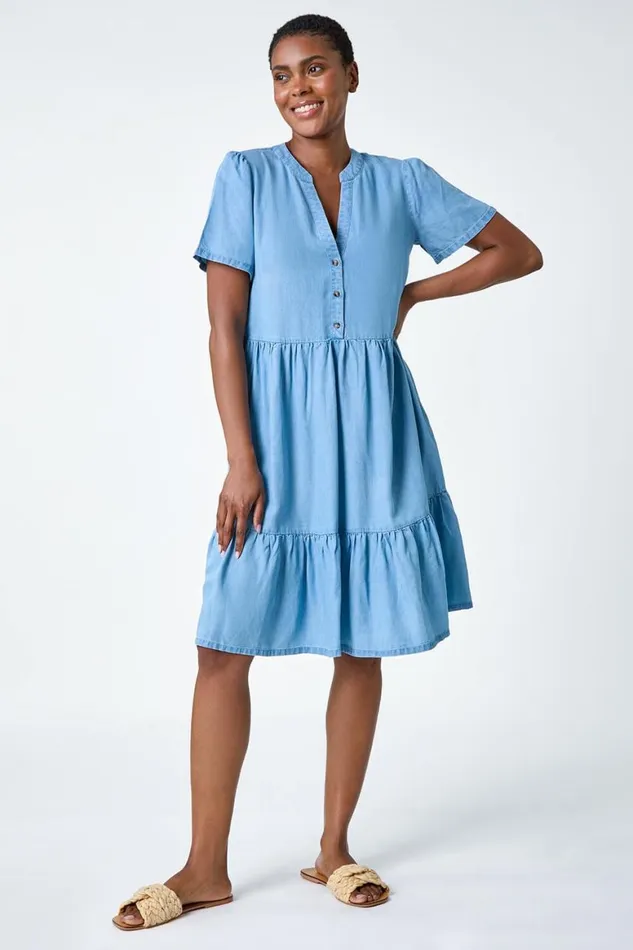 Women Light Denim Denim Tiered Smock Dress Roman Dresses