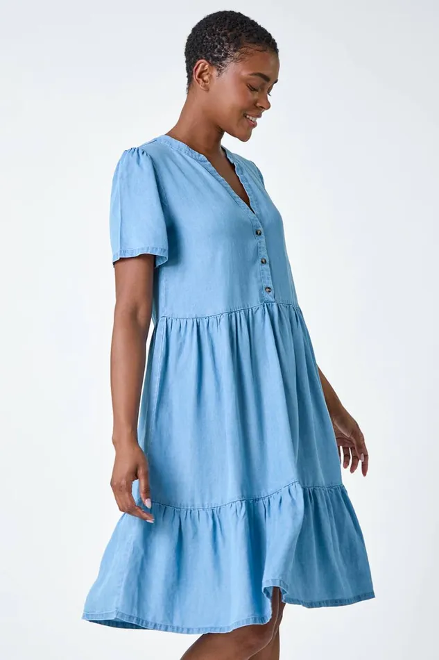 Women Light Denim Denim Tiered Smock Dress Roman Dresses
