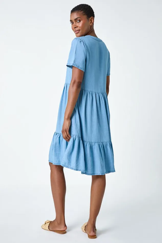 Women Light Denim Denim Tiered Smock Dress Roman Dresses