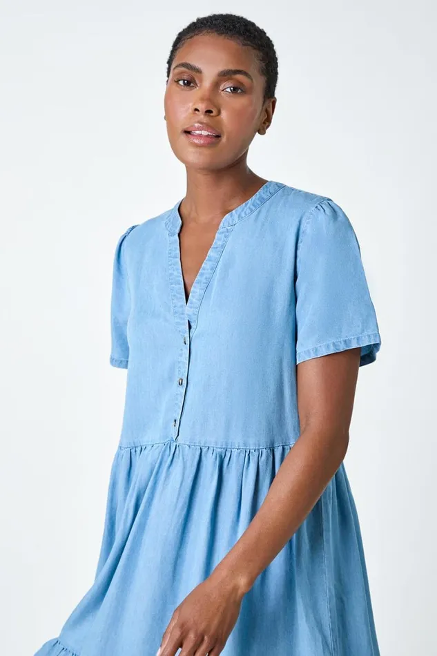 Women Light Denim Denim Tiered Smock Dress Roman Dresses