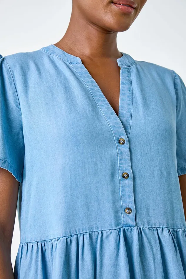 Women Light Denim Denim Tiered Smock Dress Roman Dresses