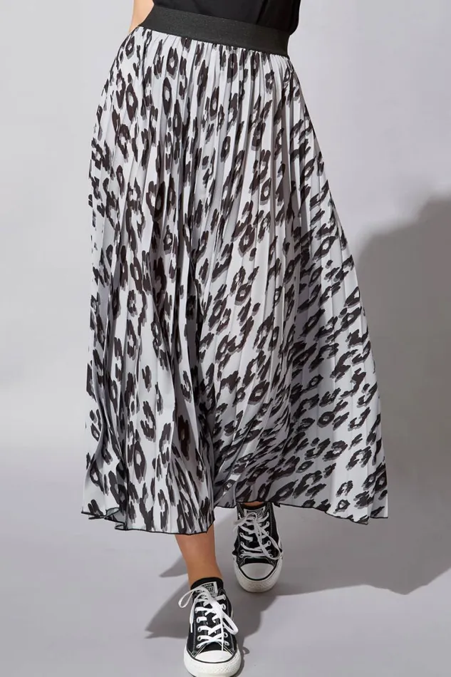 Women Light Grey Animal Pleated Elastic Waist Maxi Skirt Roman Skirts
