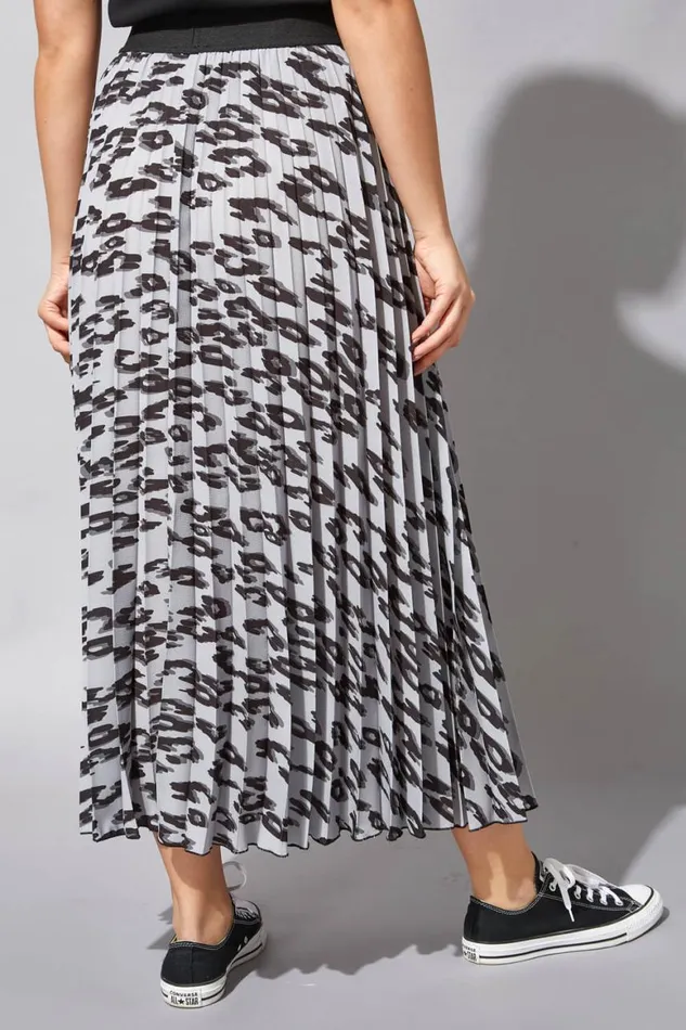 Women Light Grey Animal Pleated Elastic Waist Maxi Skirt Roman Skirts