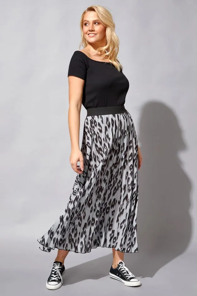 Women Light Grey Animal Pleated Elastic Waist Maxi Skirt Roman Skirts