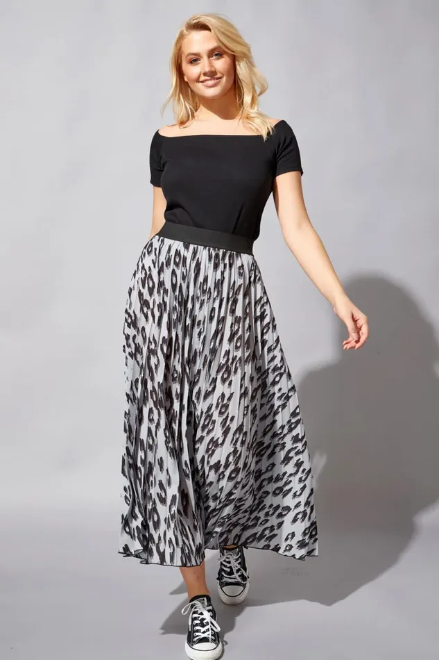 Women Light Grey Animal Pleated Elastic Waist Maxi Skirt Roman Skirts