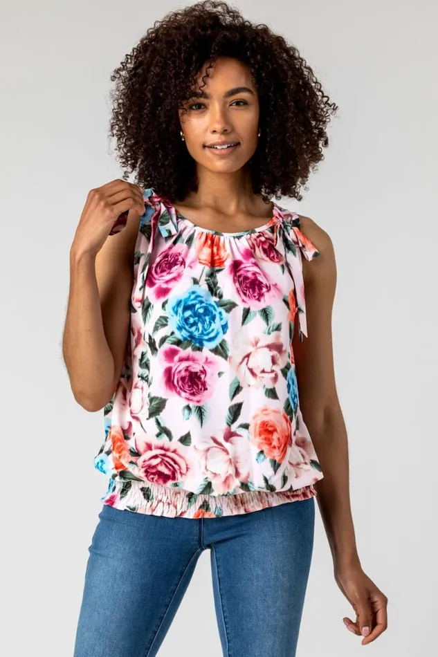 Women Light Pink Bow Detail Floral Shirred Chiffon Top Roman Tops