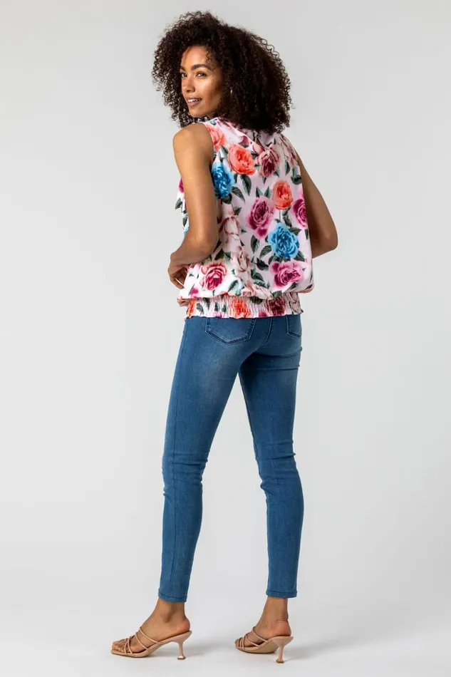 Women Light Pink Bow Detail Floral Shirred Chiffon Top Roman Tops
