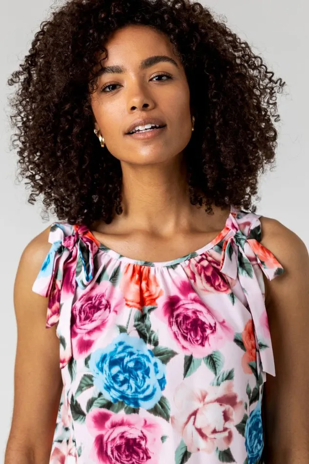 Women Light Pink Bow Detail Floral Shirred Chiffon Top Roman Tops