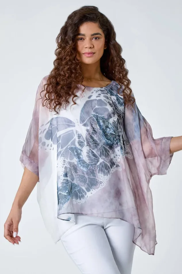 Women Light Pink Butterfly Print Overlay Top Roman Tops