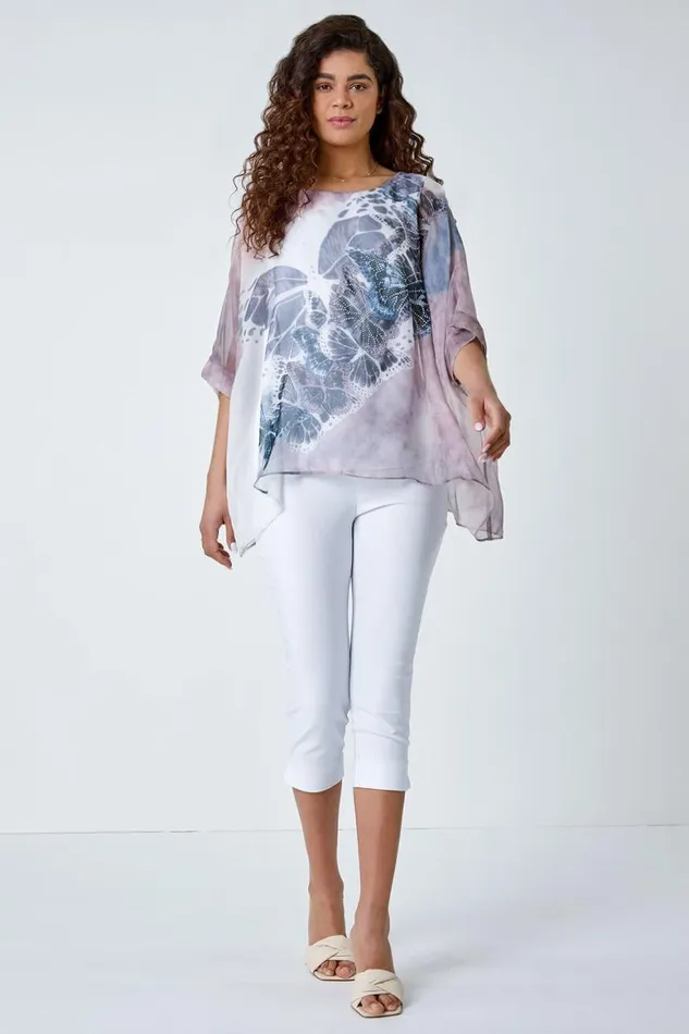 Women Light Pink Butterfly Print Overlay Top Roman Tops