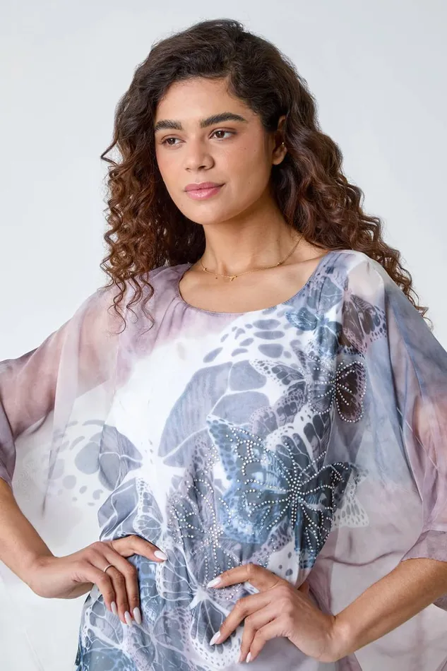 Women Light Pink Butterfly Print Overlay Top Roman Tops