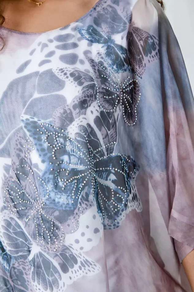 Women Light Pink Butterfly Print Overlay Top Roman Tops