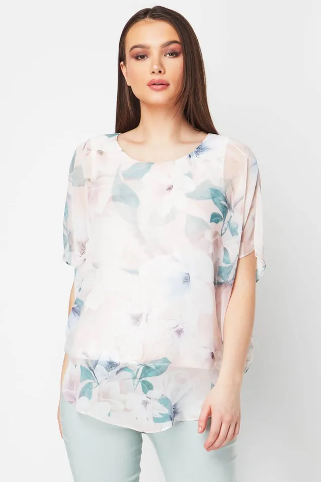 Women Light Pink Floral Chiffon Overlay Top Roman Tops