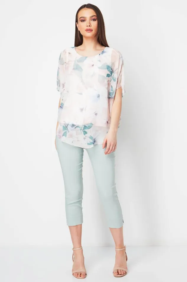 Women Light Pink Floral Chiffon Overlay Top Roman Tops