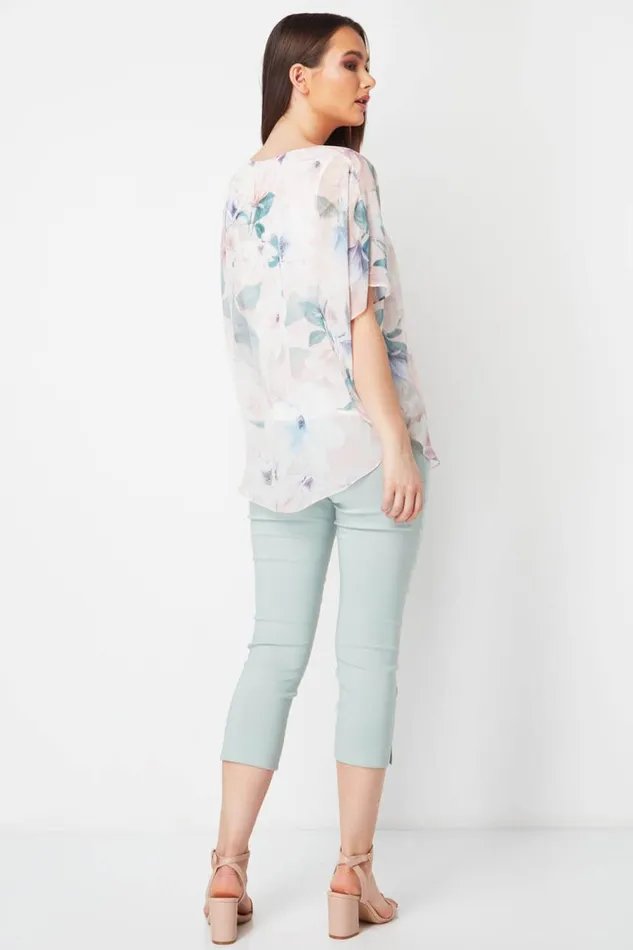Women Light Pink Floral Chiffon Overlay Top Roman Tops