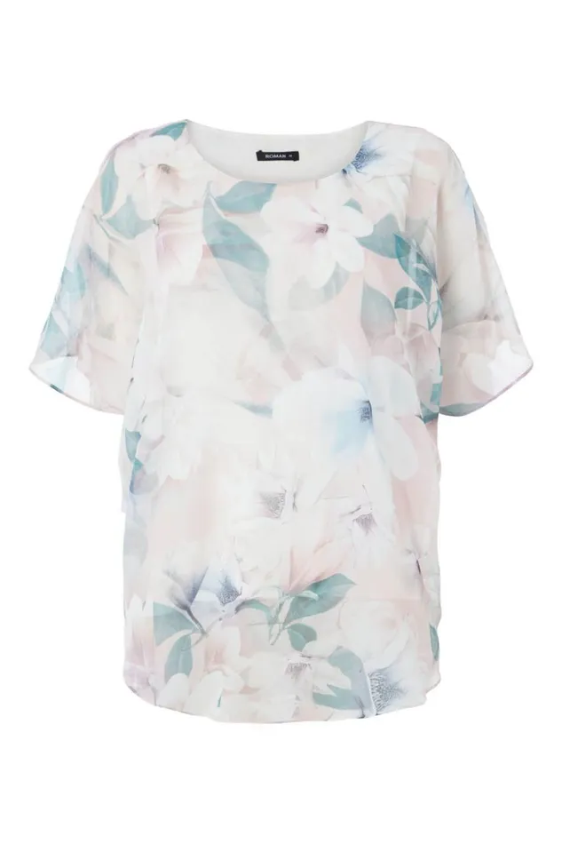 Women Light Pink Floral Chiffon Overlay Top Roman Tops