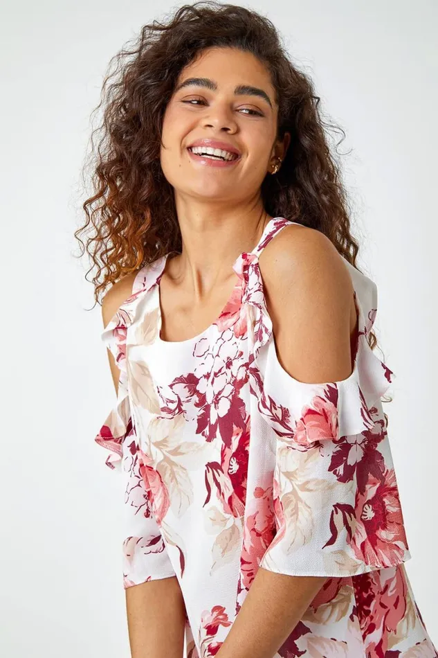 Women Light Pink Floral Print Cold Shoulder Frill Top Roman Tops