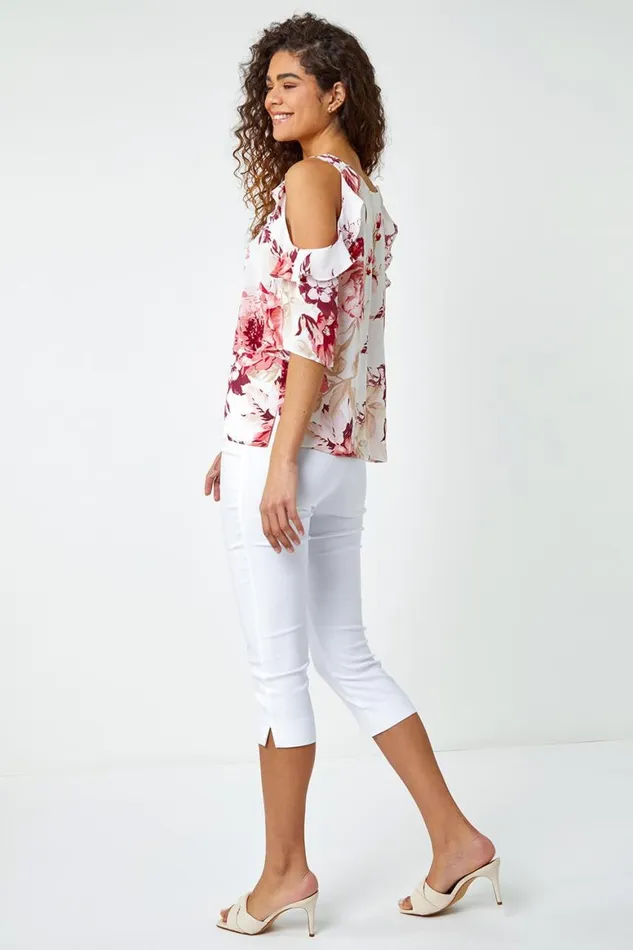 Women Light Pink Floral Print Cold Shoulder Frill Top Roman Tops