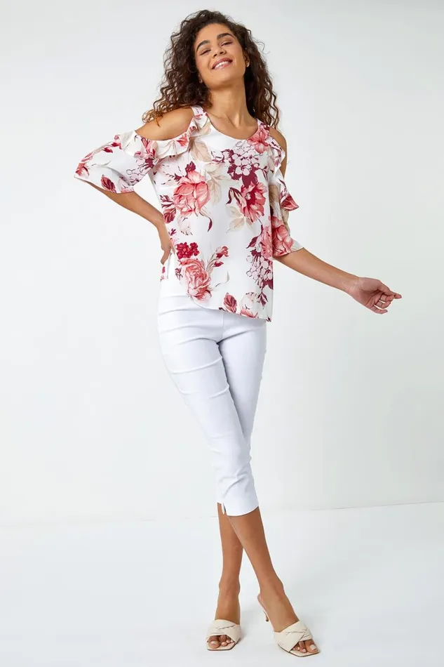 Women Light Pink Floral Print Cold Shoulder Frill Top Roman Tops