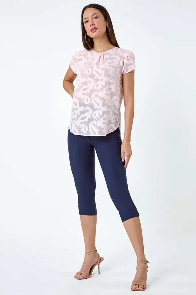 Women Light Pink Jacquard Paisley Print Top Roman Tops