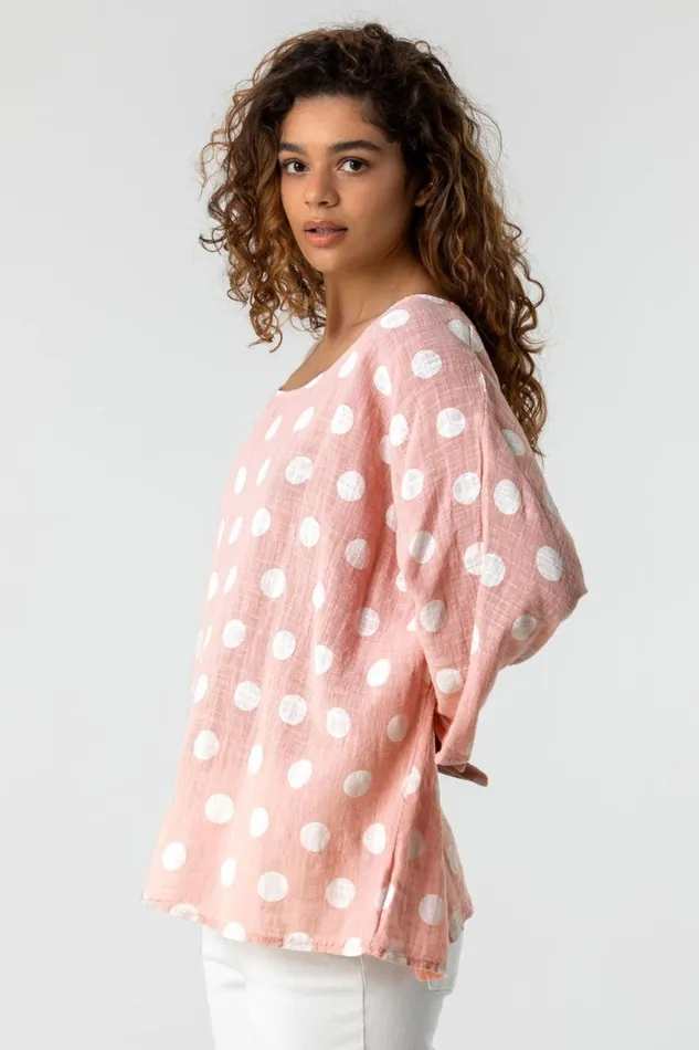 Women Light Pink Spot Print 34 Sleeve Top Roman Tops