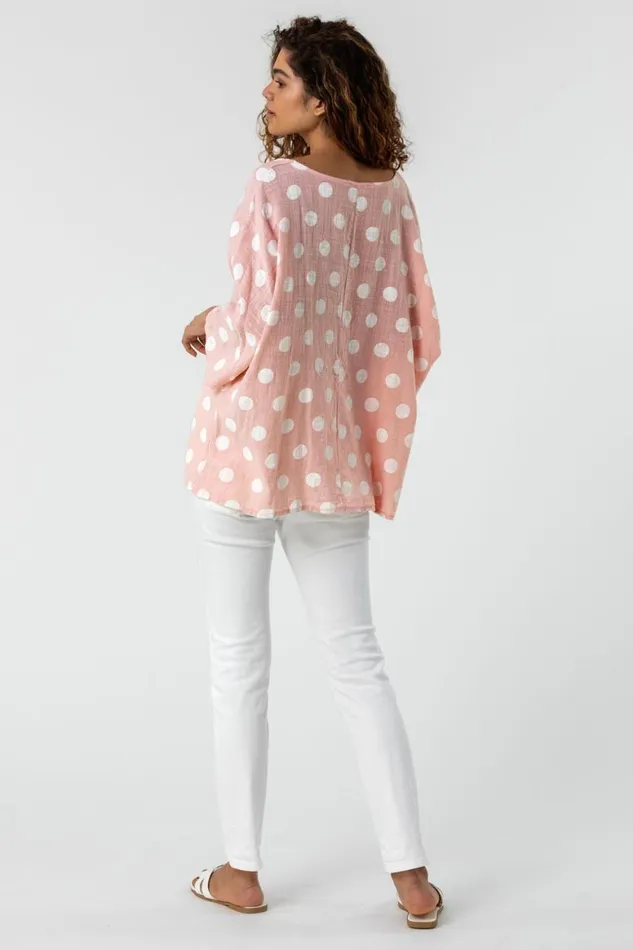 Women Light Pink Spot Print 34 Sleeve Top Roman Tops