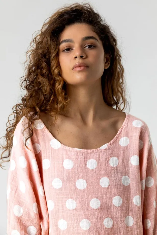 Women Light Pink Spot Print 34 Sleeve Top Roman Tops