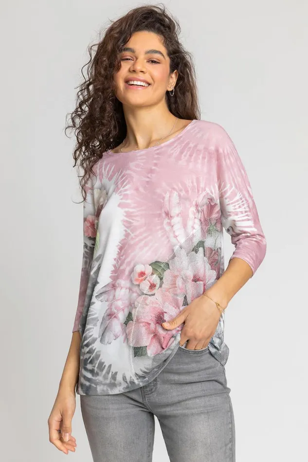 Women Light Pink Tie Dye Floral Border Print Top Roman Tops