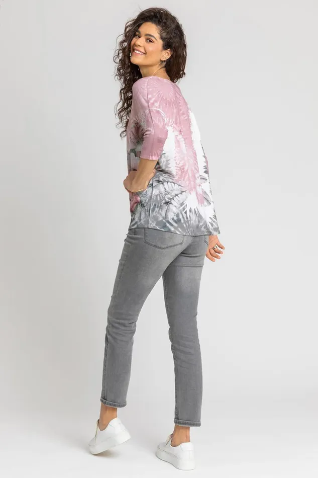 Women Light Pink Tie Dye Floral Border Print Top Roman Tops
